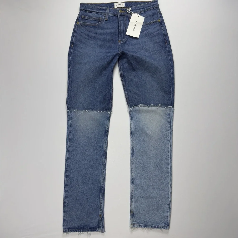 FRAME Womens Two-Tone Patchwork Straight Leg Jeans Raw Hem Denim Color Block  26 - Picture 7 of 15